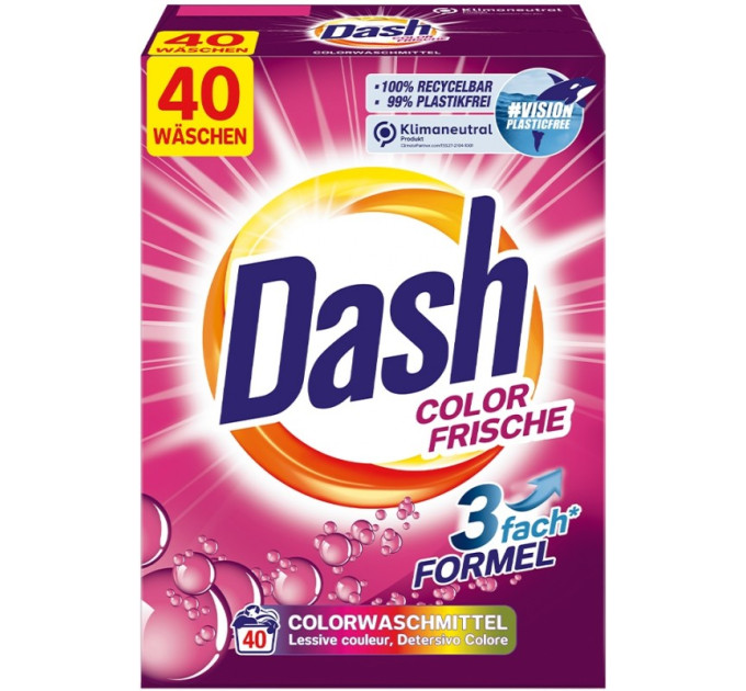 Dash Color Frische 2.6 кг 40 циклів прання переводится на русский язык как "Dash Color Frische 2.6 кг 40 циклов стирки"